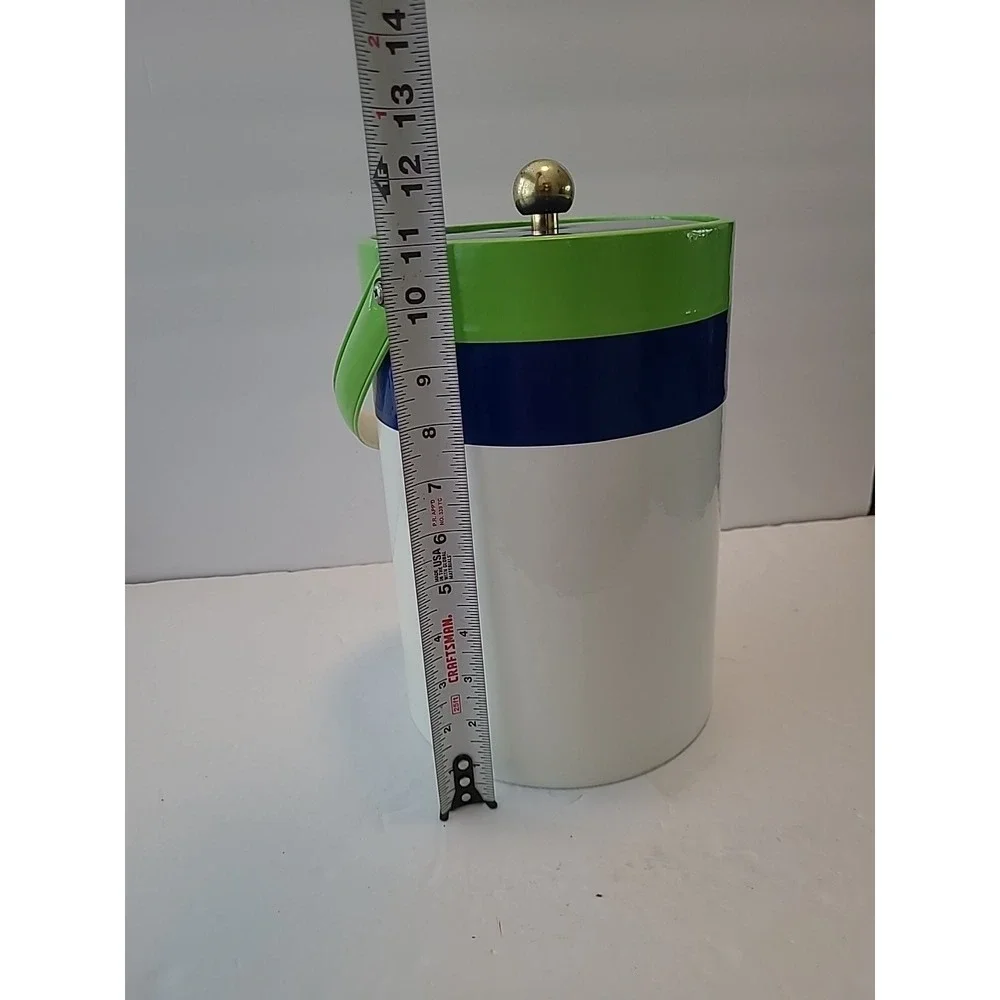 Vintage Ice‎ Bucket White Green Blue With Handle And Lid 12